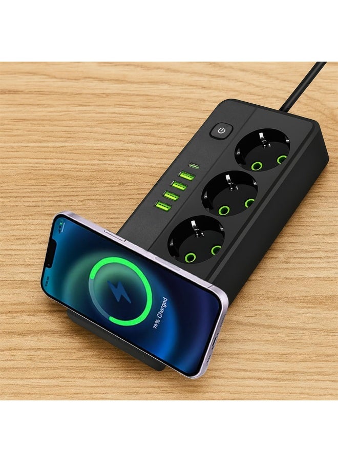 Smart power strip with 3 sockets, 4 USB ports (including Type-C), and a built-in wireless charging pad. - Image 2