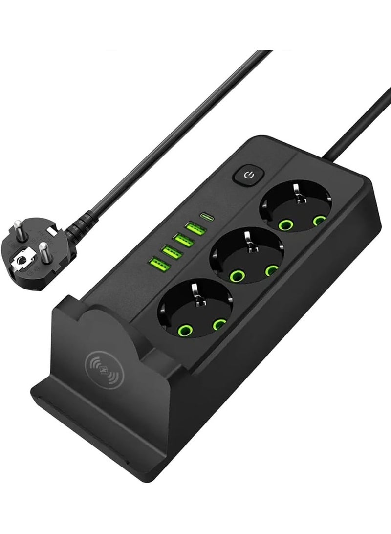 Smart power strip with 3 sockets, 4 USB ports (including Type-C), and a built-in wireless charging pad. - Image 1