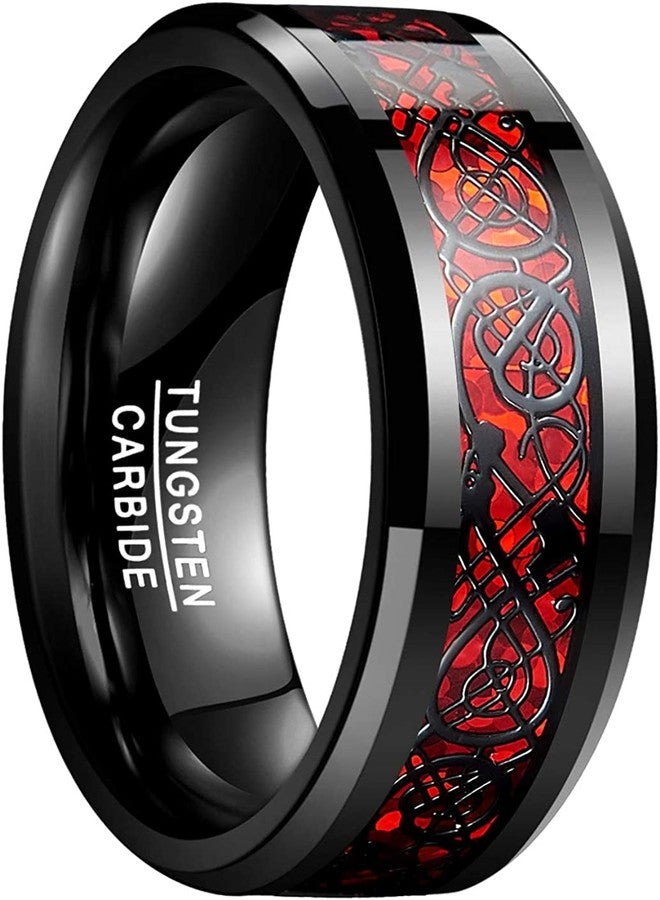 VIEN® Tungsten Rings for Women Men Wedding Bands Celtic Dragon Carbon Fiber Inlay Beveled Edges Polished Comfort Fit (21) - Image 1