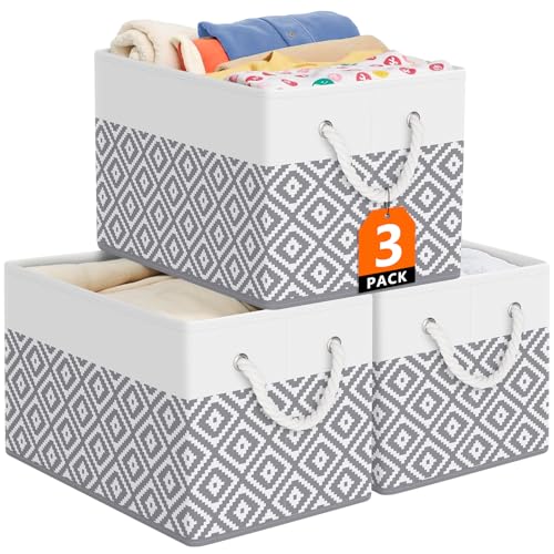 StorageTastic Storage Bins, 3-Pack Large Storage Box with Rope Handles, Collapsible Storage Basket for Organizing Books, Clothes, Rhombic Grey - Image 1