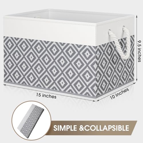 StorageTastic Storage Bins, 3-Pack Large Storage Box with Rope Handles, Collapsible Storage Basket for Organizing Books, Clothes, Rhombic Grey - Image 2