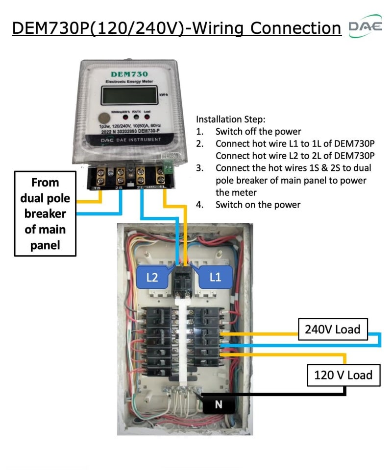 DAE DEM730P Electric kWh Submeter, RS485, 1P3W (2 Hot wire, 1 Neutral), 120/240V, 50A, Internal CT - Image 4