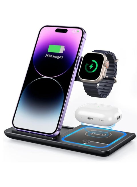 3-in-1 Wireless Charging Station for Apple  Samsung | Fast Charger Stand for iPhone 14 13 12 11 Pro Max XS 8, AirPods 3/2/Pro, iWatch 8-2 | Foldable Dock | Portable  Compact – Black