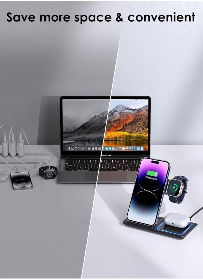 Generic - 3-in-1 Wireless Charging Station for Apple  Samsung | Fast Charger Stand for iPhone 14 13 12 11 Pro Max XS 8, AirPods 3/2/Pro, iWatch 8-2 | Foldable Dock | Portable  Compact – Black - Image 1
