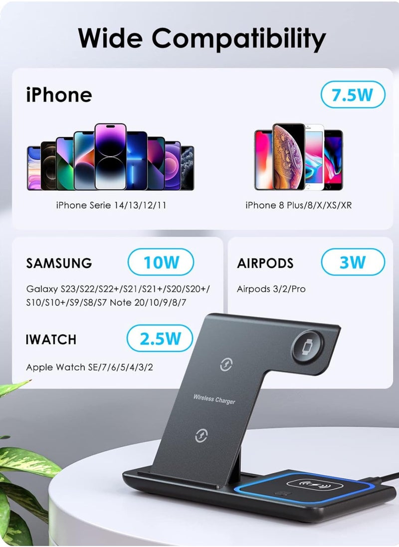 Generic - 3-in-1 Wireless Charging Station for Apple  Samsung | Fast Charger Stand for iPhone 14 13 12 11 Pro Max XS 8, AirPods 3/2/Pro, iWatch 8-2 | Foldable Dock | Portable  Compact – Black - Image 1