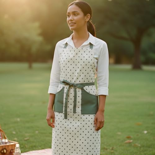 RUSTIQUE LINENS :Dotty |100% Cotton Unisex Apron - Adjustable Neck Straps, Vibrant Print, Reinforced Stitching, Multipurpose & Deep Pocket - for Cooking,Catering,Gardening,Painting- Printed Aprons - Image 1