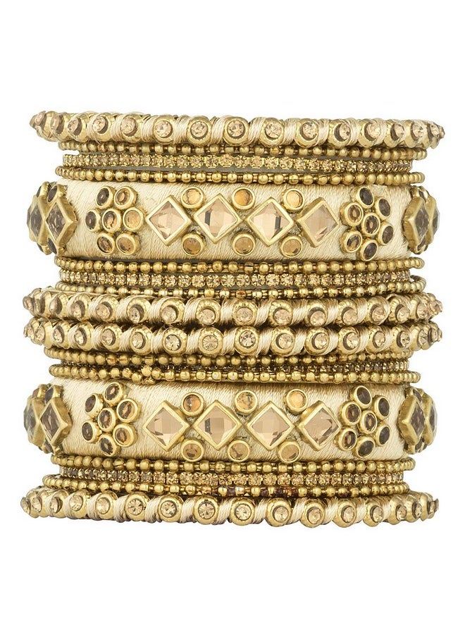 Aheli - Ethnic Handmade Silk Thread Faux Stone Studded Bangle Set Chuda Indian Wedding Wear Fashion Jewelry For Women (Cream) - Image 1
