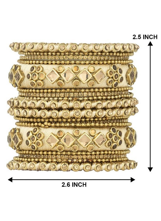 Aheli - Ethnic Handmade Silk Thread Faux Stone Studded Bangle Set Chuda Indian Wedding Wear Fashion Jewelry For Women (Cream) - Image 1