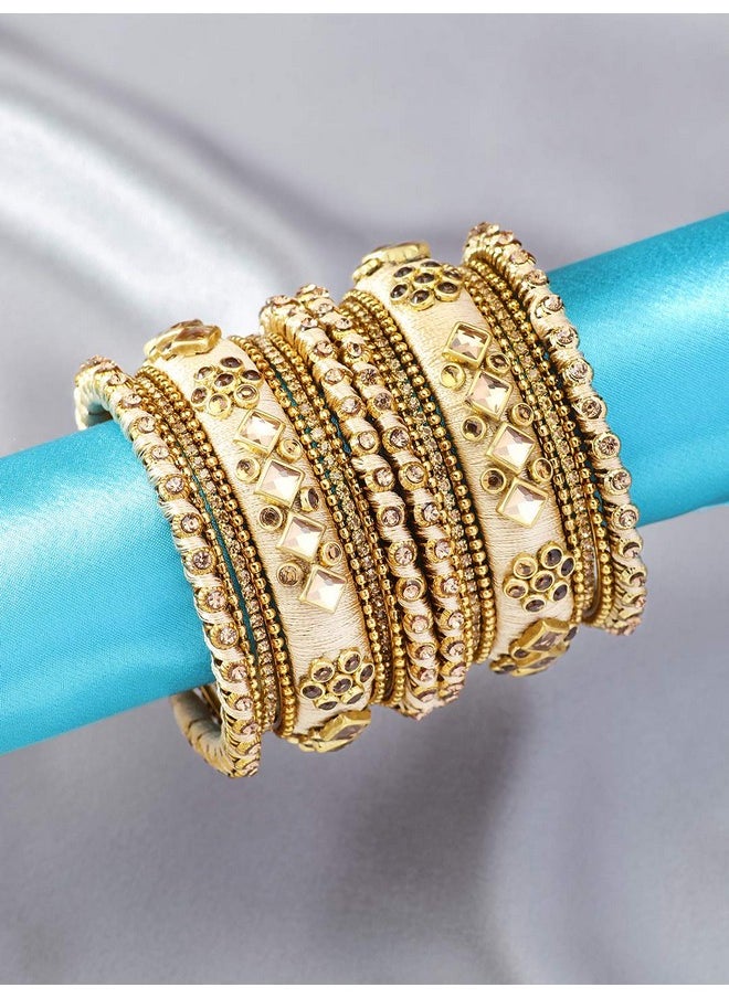 Aheli - Ethnic Handmade Silk Thread Faux Stone Studded Bangle Set Chuda Indian Wedding Wear Fashion Jewelry For Women (Cream) - Image 1