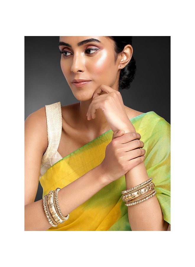 Aheli - Ethnic Handmade Silk Thread Faux Stone Studded Bangle Set Chuda Indian Wedding Wear Fashion Jewelry For Women (Cream) - Image 1
