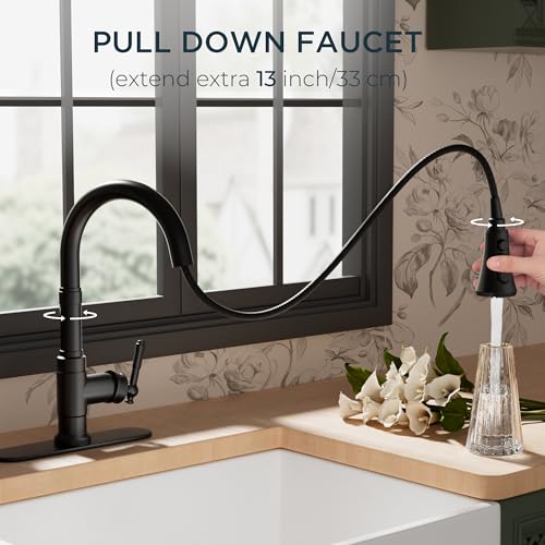 FORIOUS Vintage Kitchen Faucets with Pull Down Sprayer, Matte Black High Arc Single Handle Stainless Steel Rustic Pull Out Sink Faucet for Farmhouse Camper Rv Bar, Fit for 1 or 3 Hole - Image 3