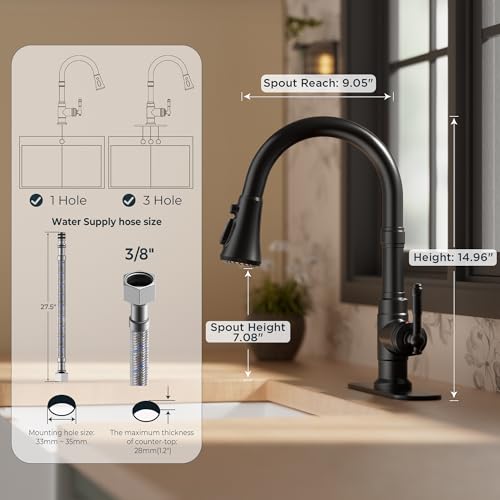 FORIOUS Vintage Kitchen Faucets with Pull Down Sprayer, Matte Black High Arc Single Handle Stainless Steel Rustic Pull Out Sink Faucet for Farmhouse Camper Rv Bar, Fit for 1 or 3 Hole - Image 5