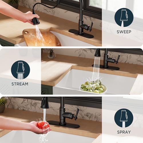 FORIOUS Vintage Kitchen Faucets with Pull Down Sprayer, Matte Black High Arc Single Handle Stainless Steel Rustic Pull Out Sink Faucet for Farmhouse Camper Rv Bar, Fit for 1 or 3 Hole - Image 4