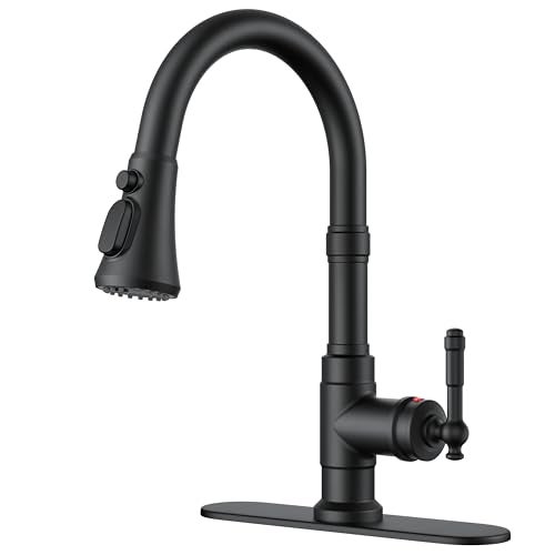 FORIOUS Vintage Kitchen Faucets with Pull Down Sprayer, Matte Black High Arc Single Handle Stainless Steel Rustic Pull Out Sink Faucet for Farmhouse Camper Rv Bar, Fit for 1 or 3 Hole - Image 1