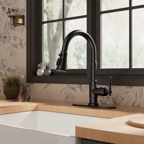 FORIOUS Vintage Kitchen Faucets with Pull Down Sprayer, Matte Black High Arc Single Handle Stainless Steel Rustic Pull Out Sink Faucet for Farmhouse Camper Rv Bar, Fit for 1 or 3 Hole - Image 2