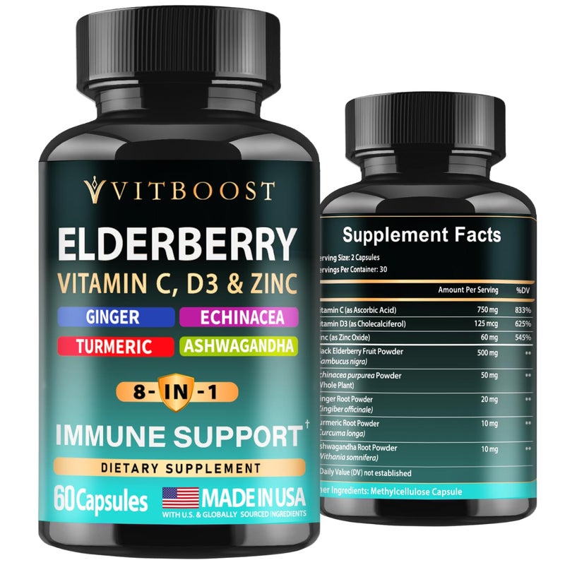 Elderberry Immune Support Supplement 8in1 Formula with Echinacea Vitamin C Zinc Vitamin D 5000 IU Turmeric Ginger Ashwagandha 60 Capsules