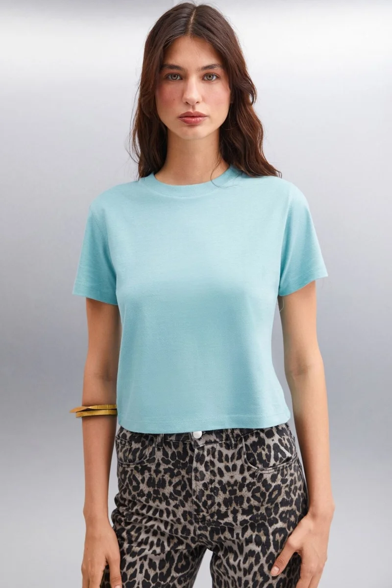 GRIMELANGE Melany Women's 100% Organic Cotton Crew Neck Basic Green T-shirt
