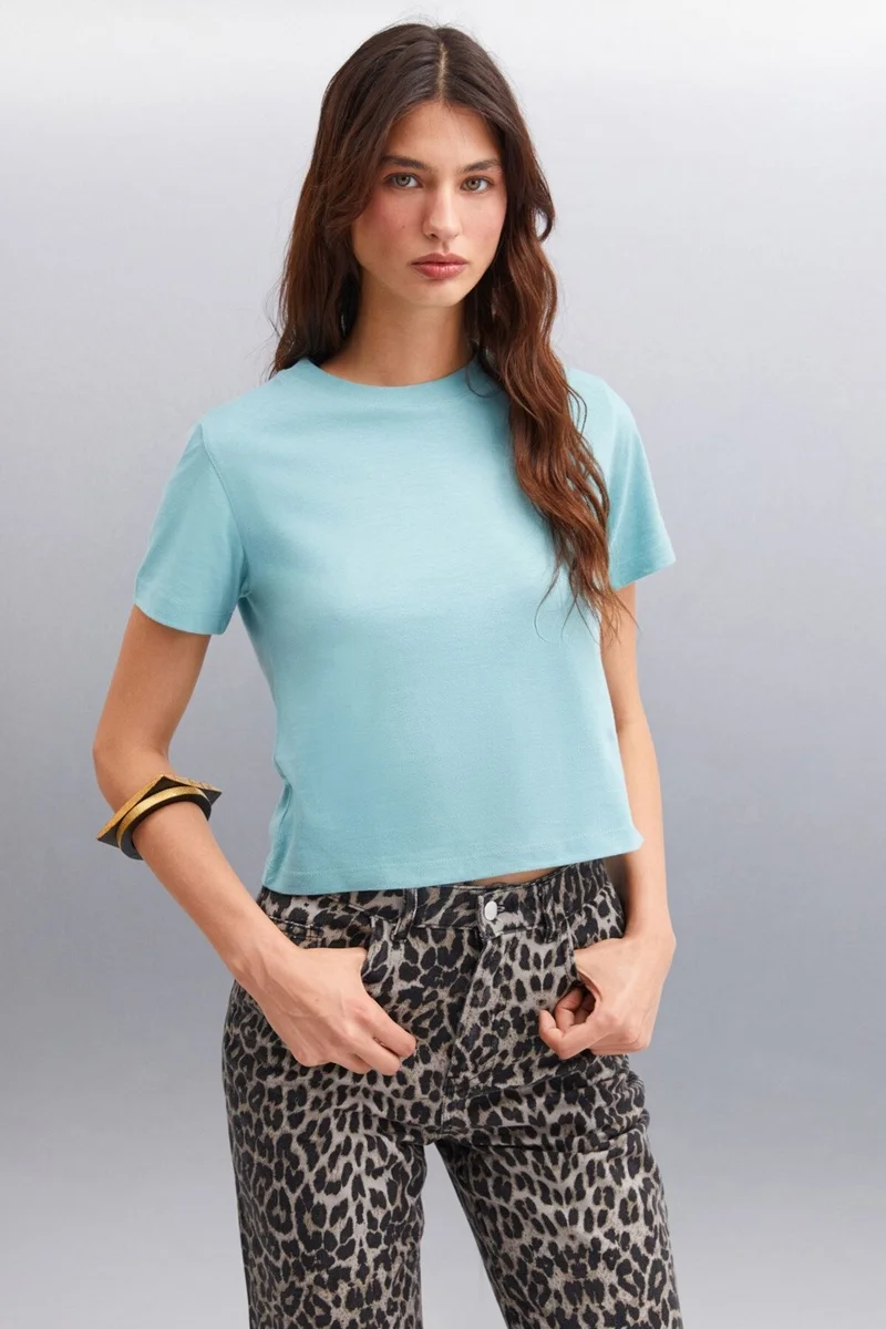 GRIMELANGE Melany Women's 100% Organic Cotton Crew Neck Basic Green T-shirt