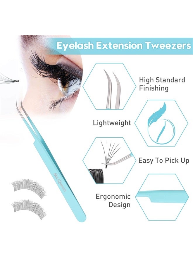 Ms.Queen Tweezers for Eyelash Extensions, 2Pcs Fiber Tip Isolation Tweezers and 90 Degree Mega Volume Tweezers Set for Extensions, Blue - Image 2