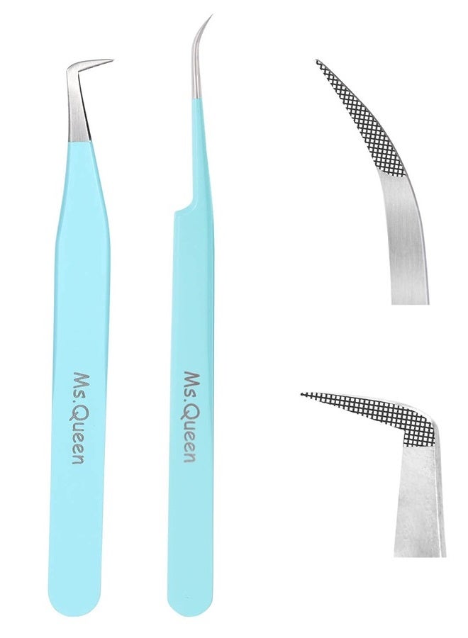 Ms.Queen Tweezers for Eyelash Extensions, 2Pcs Fiber Tip Isolation Tweezers and 90 Degree Mega Volume Tweezers Set for Extensions, Blue - Image 1