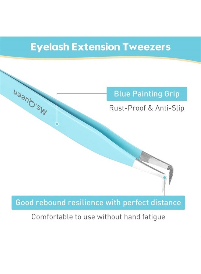 Ms.Queen Tweezers for Eyelash Extensions, 2Pcs Fiber Tip Isolation Tweezers and 90 Degree Mega Volume Tweezers Set for Extensions, Blue - Image 3