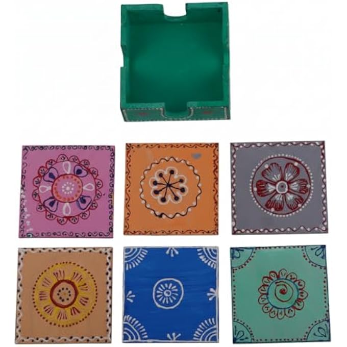 RIGID Handcrafted Tea Coaster Set Of 6  Vibrant Green Wooden Holder With Colorful Floral Design Stylish  Durable Drink Coasters For Tea Coffee And Home Decor 11 X 11 X 5 - Image 2