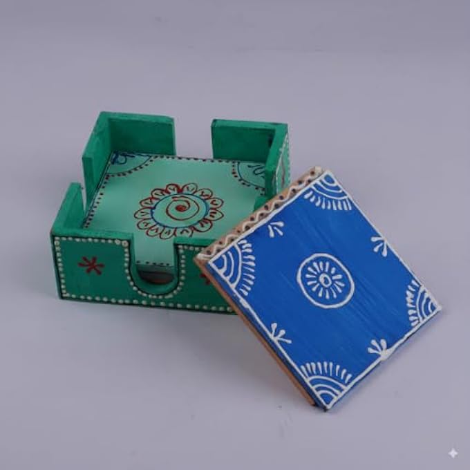 RIGID Handcrafted Tea Coaster Set Of 6  Vibrant Green Wooden Holder With Colorful Floral Design Stylish  Durable Drink Coasters For Tea Coffee And Home Decor 11 X 11 X 5 - Image 1
