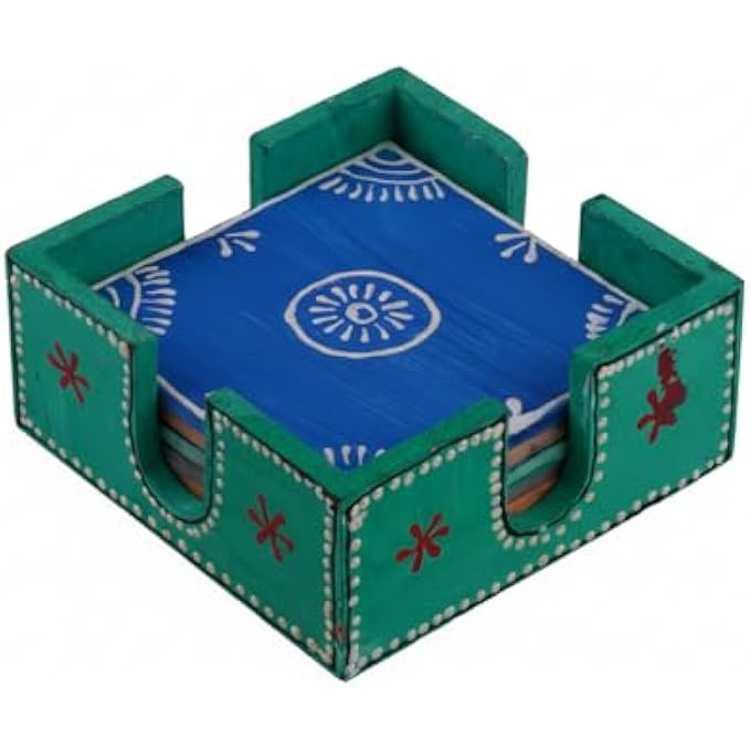 RIGID Handcrafted Tea Coaster Set Of 6  Vibrant Green Wooden Holder With Colorful Floral Design Stylish  Durable Drink Coasters For Tea Coffee And Home Decor 11 X 11 X 5 - Image 3