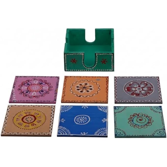 RIGID Handcrafted Tea Coaster Set Of 6  Vibrant Green Wooden Holder With Colorful Floral Design Stylish  Durable Drink Coasters For Tea Coffee And Home Decor 11 X 11 X 5 - Image 4