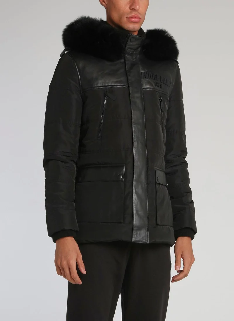 فيليب بلين Black Leather Panel Quilt Jacket