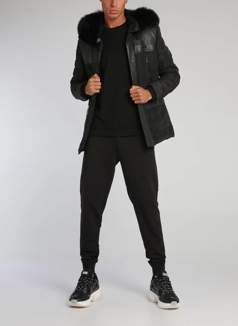 فيليب بلين Black Leather Panel Quilt Jacket