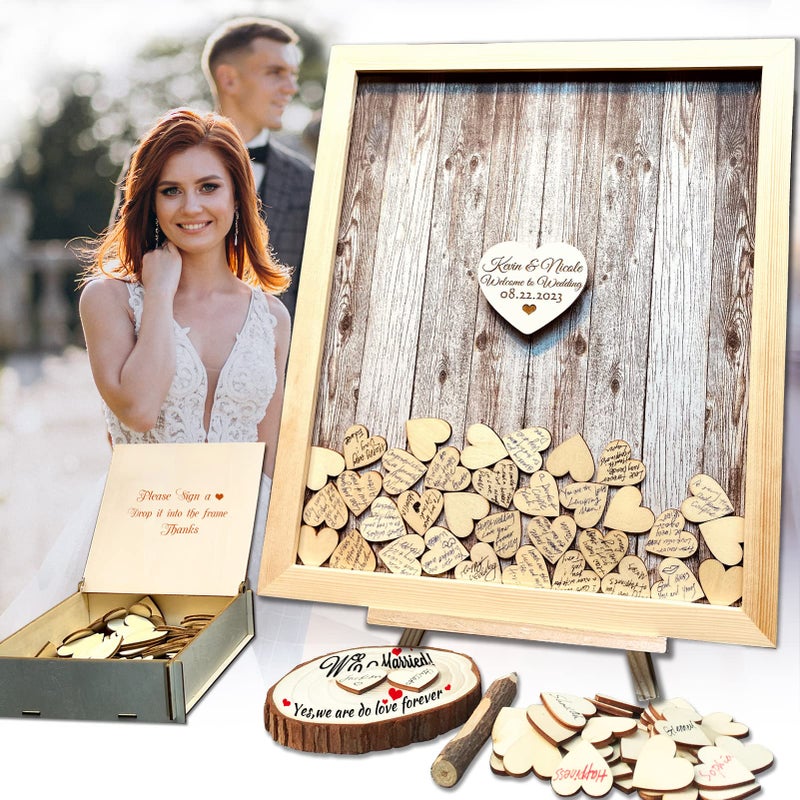 Neamon Wedding Guest Book Alternative Pen Sign Drop Top Wooden Frame for Baby Shower Birthday Party Decoration 120 Hearts