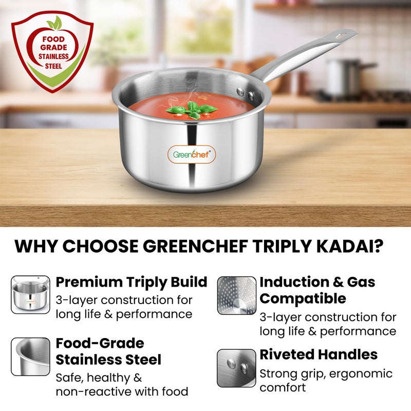 Greenchef SS Tri ply Steel Crest - Sauce pan 14cm, Stainless Steel Exterior Surface, Ergonomic Handles, Induction Compatible, Scratch Resistant, 5Year Warranty - Image 5
