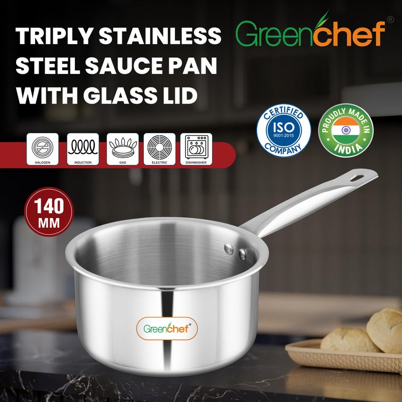 Greenchef SS Tri ply Steel Crest - Sauce pan 14cm, Stainless Steel Exterior Surface, Ergonomic Handles, Induction Compatible, Scratch Resistant, 5Year Warranty - Image 2