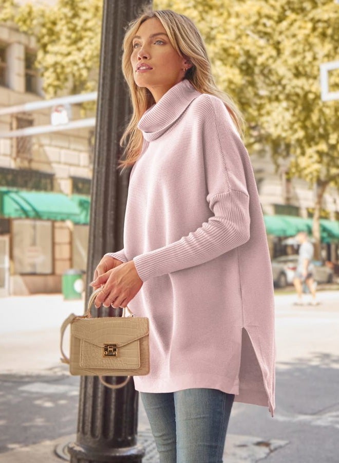 LILLUSORY Women's Turtleneck Oversized Sweaters Long Batwing Sleeve Spilt Hem Tunic Pullover Knit Tops, Pink, L - Image 4