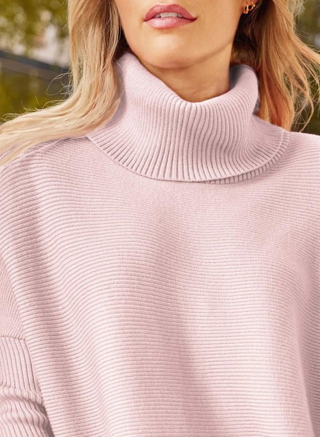 LILLUSORY Women's Turtleneck Oversized Sweaters Long Batwing Sleeve Spilt Hem Tunic Pullover Knit Tops, Pink, L - Image 2
