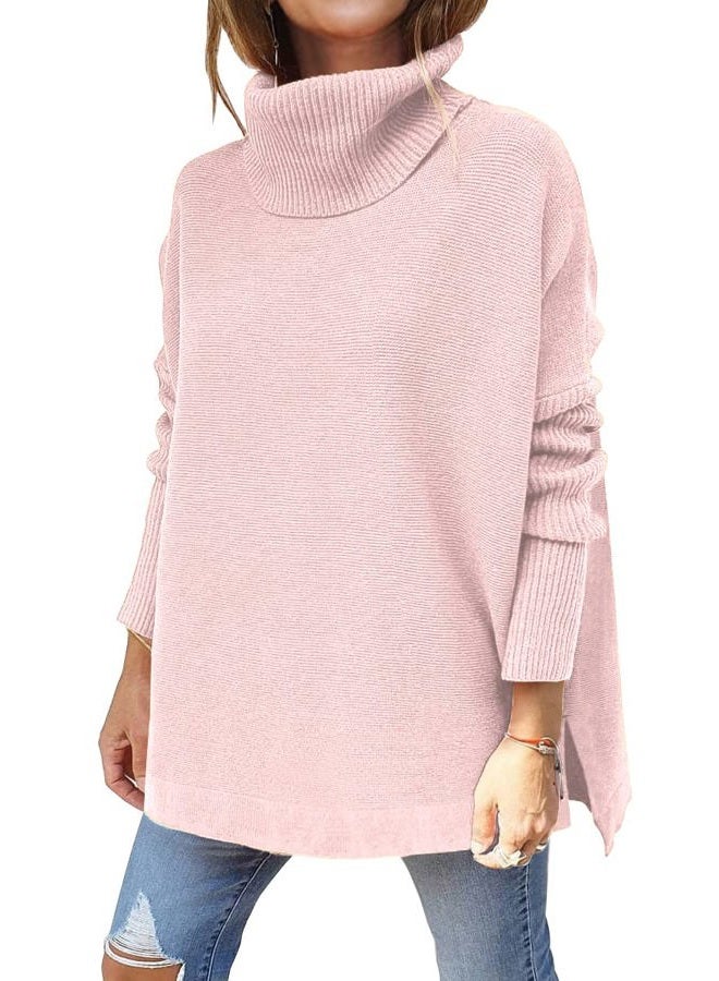 LILLUSORY Women's Turtleneck Oversized Sweaters Long Batwing Sleeve Spilt Hem Tunic Pullover Knit Tops, Pink, L - Image 1