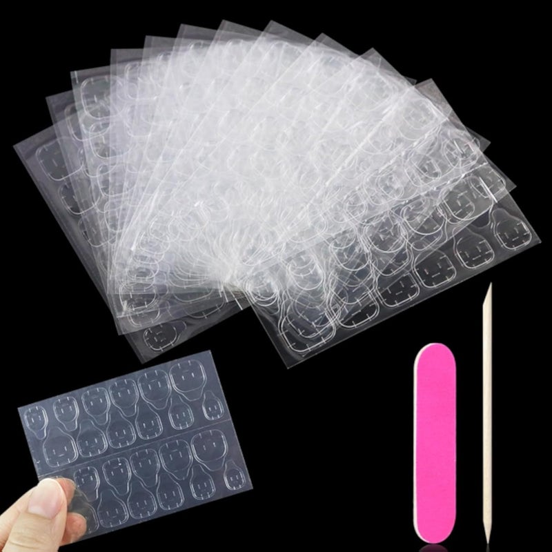 Double-sided nail glue sticker transparent set, 11 sheets/264 pieces nail adhesive pads, a cuticle pusher and a nail file, nail glue stickers, DIY manicure decoration, nail art
