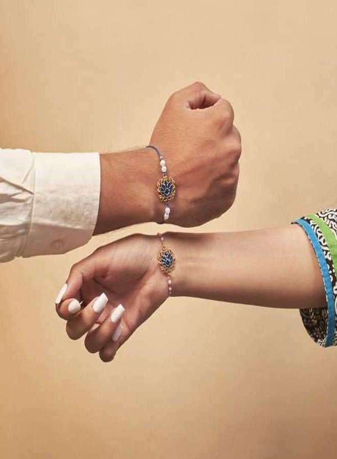 SALTY Mens Sapphire Lotus Designer Bracelet Set for Bhaiya & Bhabhi|Hand Band Gift Pack for Sister,Jewelry Accessories Style Bracelet Combo|Stylish Festive Gift | Gift for Valentine Day - Image 2
