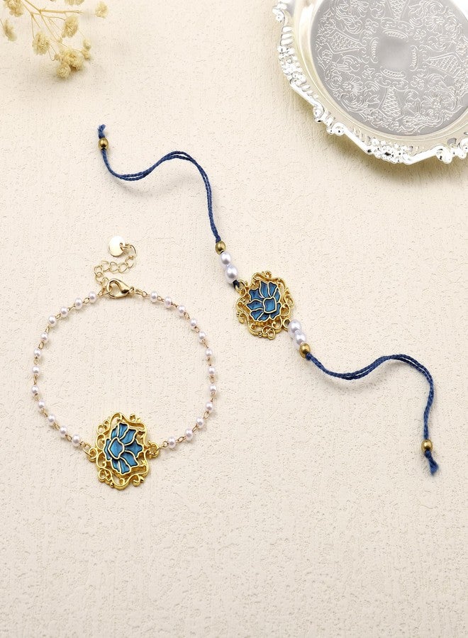 SALTY Mens Sapphire Lotus Designer Bracelet Set for Bhaiya & Bhabhi|Hand Band Gift Pack for Sister,Jewelry Accessories Style Bracelet Combo|Stylish Festive Gift | Gift for Valentine Day - Image 3