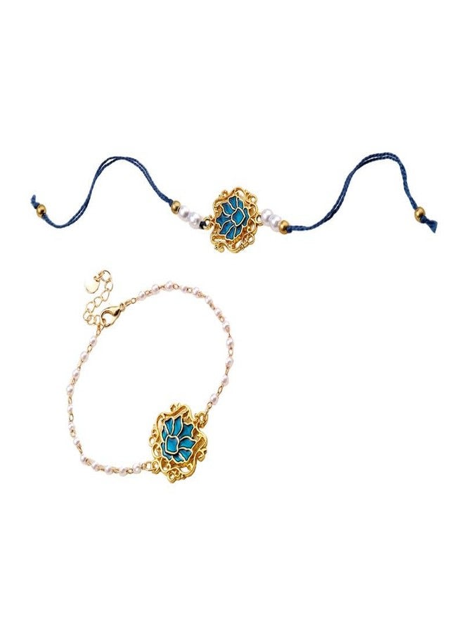 SALTY Mens Sapphire Lotus Designer Bracelet Set for Bhaiya & Bhabhi|Hand Band Gift Pack for Sister,Jewelry Accessories Style Bracelet Combo|Stylish Festive Gift | Gift for Valentine Day - Image 1