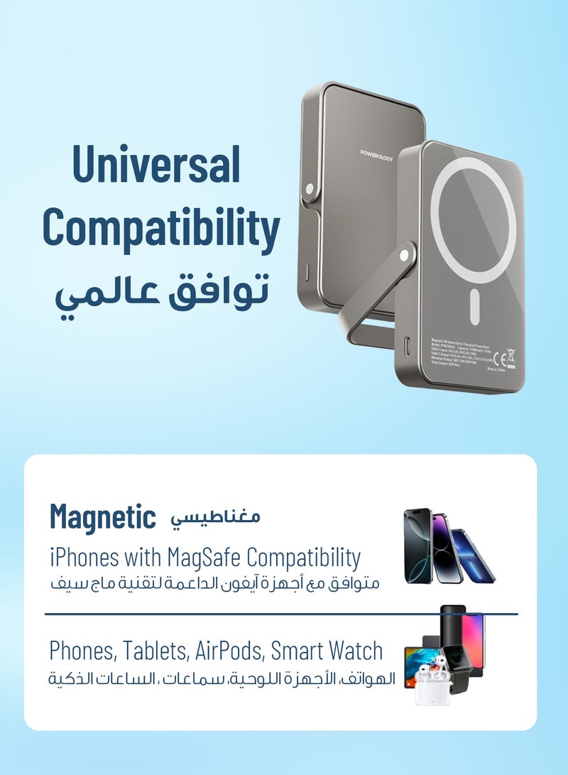 باورولوجي بنك طاقة بسعة 10000 مللي أمبير MagSafe 20 واط PD للشحن السريع، شاحن محمول مغناطيسي USB-C، شحن لاسلكي سريع 15 واط، حزمة بطارية مع حامل مدمج لجهاز iPhone 17-12 Series. - Image 3