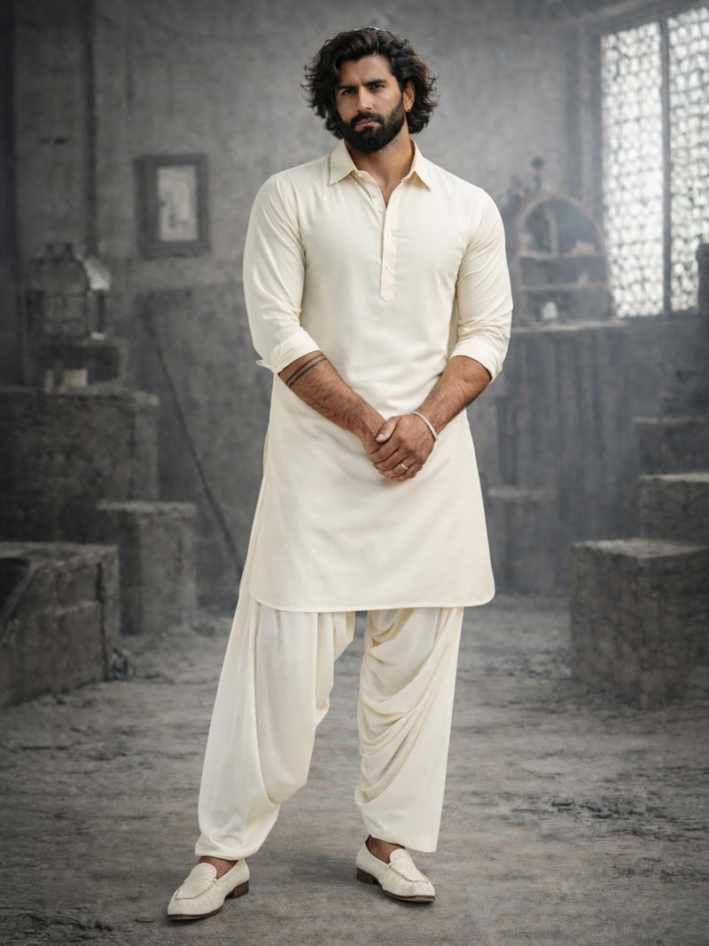 VASTRAMAY Men's Cream Viscose Pathani Kurta Set, Traditional Pathani Khan Suit Set in Soft Comfortable Feel Viscose Fabric, and Salwar Patiala Pyjama for Weddings & Festival(VASMPT598CRnPTY1CR_38) - Image 2