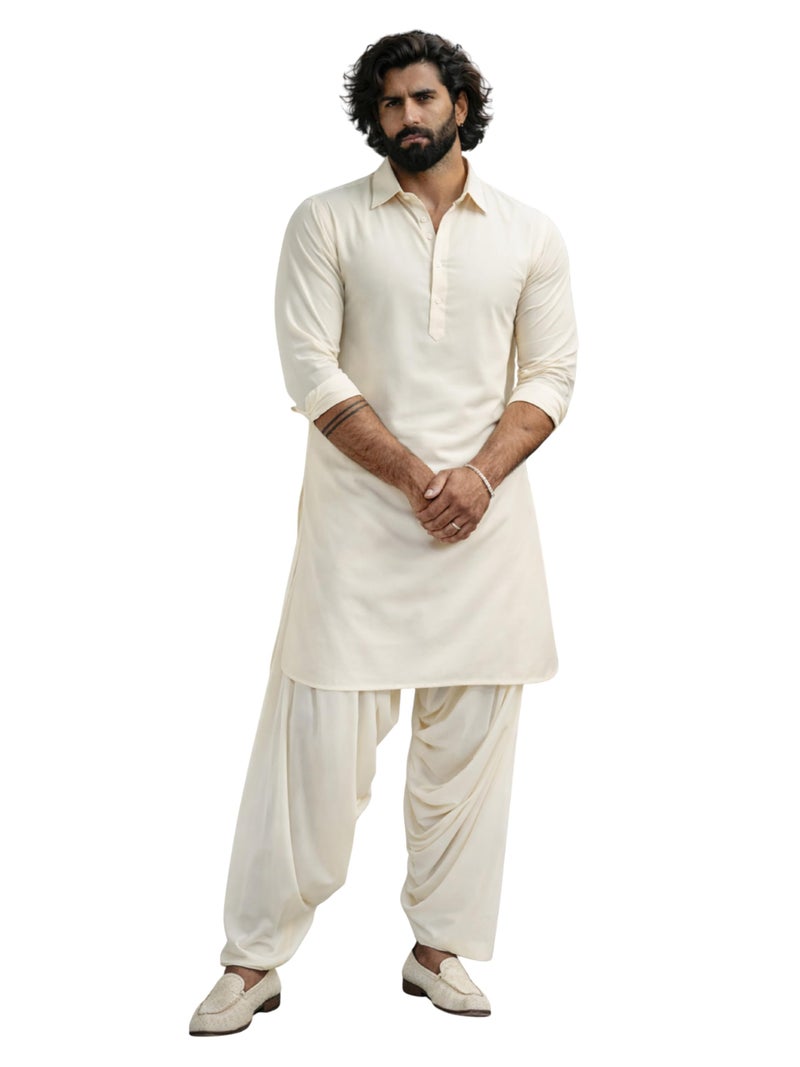 VASTRAMAY Men's Cream Viscose Pathani Kurta Set, Traditional Pathani Khan Suit Set in Soft Comfortable Feel Viscose Fabric, and Salwar Patiala Pyjama for Weddings & Festival(VASMPT598CRnPTY1CR_38) - Image 1