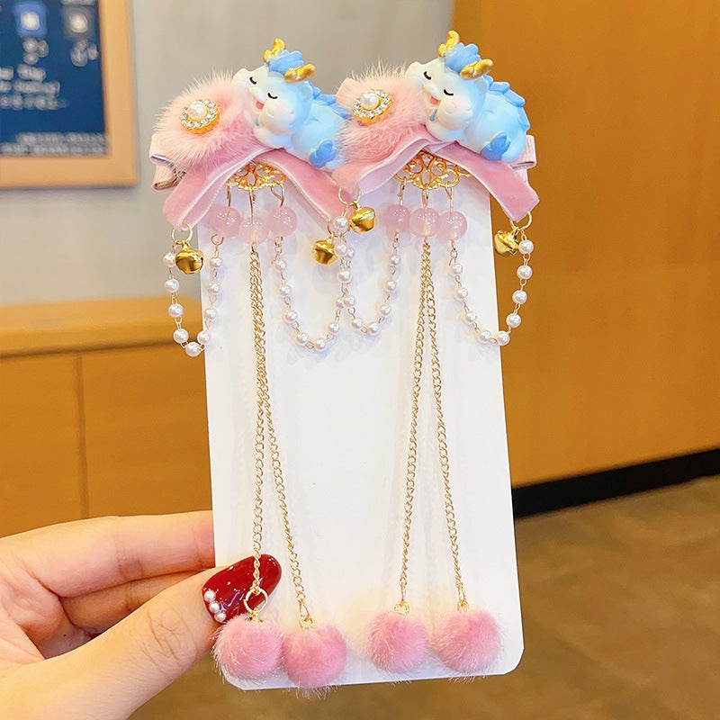 Generic Kids Chinese New Year Dragon Tassel Hair Clips Pink Velvet Longbao