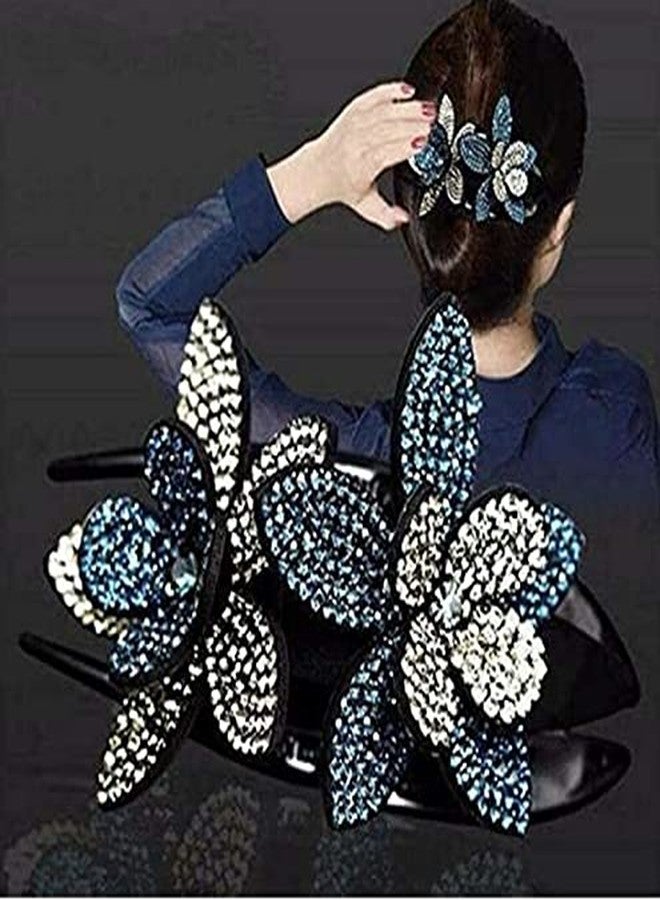 ZEMANIA مشبك شعر زيمانيا مزدوج مرصع بأحجار الراين على شكل زهرة للنساء والفتيات | مشبك شعر خلفي فاخر مرصع بالكريستال | مشبك أنيق للشعر الطويل والكثيف (10 سم × 7.5 سم) - Image 4