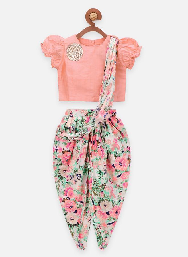 LILPICKS Peach Choli with Multicolour Dhoti Saree Set - Image 1