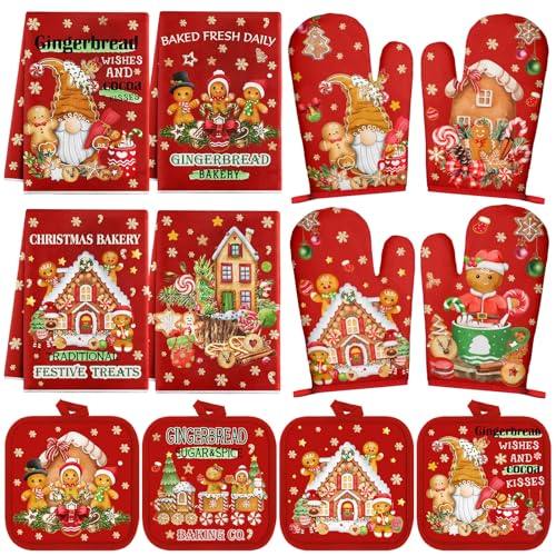 SiliFine 12 Pcs Oven Mitts and Kitchen Towel Sets 4 Dish Towels 4 Potholders 4 Vintage Resistant Glove for Cooking Baking Home GiftingGingerbread Man - Image 1