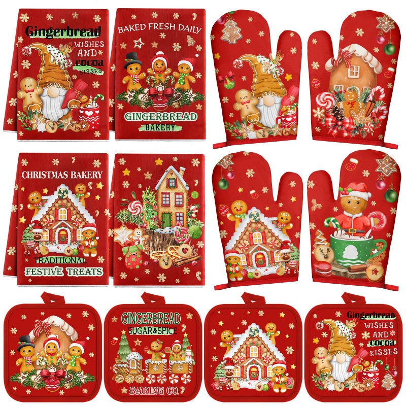 SiliFine 12 Pcs Oven Mitts and Kitchen Towel Sets 4 Dish Towels 4 Potholders 4 Vintage Resistant Glove for Cooking Baking Home GiftingGingerbread Man - Image 2