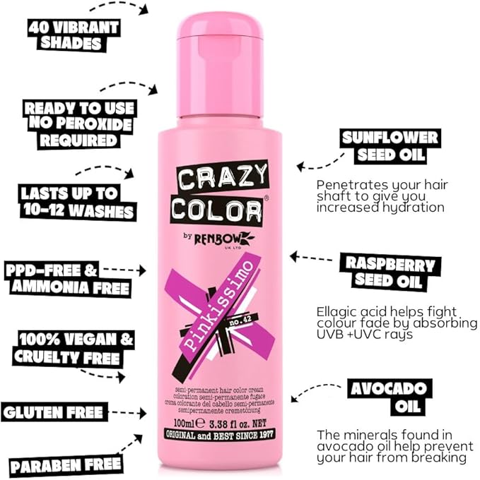 Crazy Color Vibrant Pinkissimo SemiPermanent Hair Dye Duo Highly Pigmented Magenta Conditioning Oil Nourishing Vegan Formula No Bleach or Ammonia 200ml - Image 4